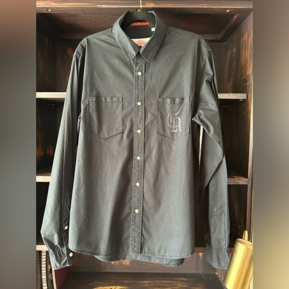 Men’s Black Long Sleeve Button Down Shirt by Christian Audigier Size L Dressy